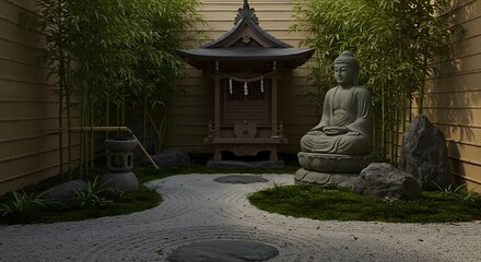 A peaceful Zen garden with a small shrine and a stone Buddha statue.