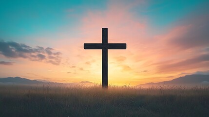 Sunrise Cross Silhouette for Peaceful Field.