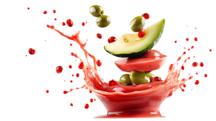 Olive with half slice falling and floating red splash splash png