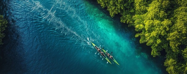 Aerial drone top panoramic view of sport canoe rowing synchronous athletes competing in tropical exotic lake