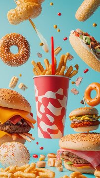 Naklejki Playful Animated Characters with Junk Food in Colorful Setup