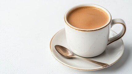 A cozy cup of coffee on a saucer, accompanied by a spoon, set against a textured background.