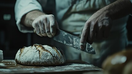 A baker prepares to slice into a rustic sourdough loaf of bread