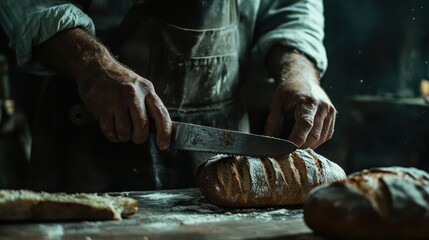 A baker is carefully slicing fresh bread on a wooden surface