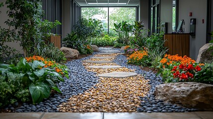 Obraz premium Earth Day Celebration in Corporate Office with Indoor Garden and Decorative Pathway Elements