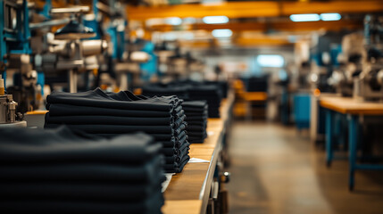 Obraz premium A vibrant textile workshop filled with neatly stacked fabrics, emphasizing the creativity of garment production. Textile production of T-shirts.
