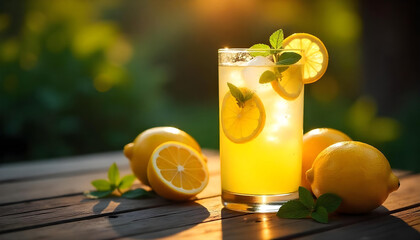 A refreshing glass of iced lemonade with condensation droplets, surrounded by fresh lemons and mint leaves on a wooden table