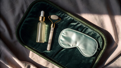 Luxury skincare set with jade roller, serum dropper, and silk sleep mask on green velvet tray, beauty routine, self-care, spa at home, relaxing skincare flatlay