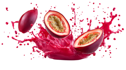 Passion Fruit with half slice falling and floating red splash splash png