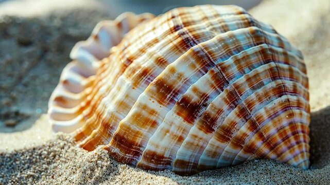A vibrant seashell with intricate patterns lies on warm sand, illuminated by the soft light of the setting sun, evoking a sense of coastal serenity.