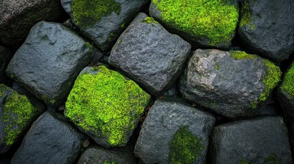 Obraz premium Close-up view of gray rocks covered in vibrant green moss. Natural texture.