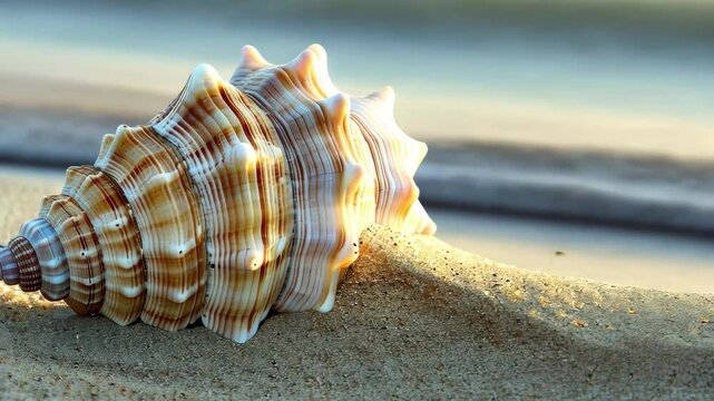 A beautifully patterned shell lies on the soft sand, revealing intricate stripes and curves, as gentle waves kiss the shore during a serene sunset.
