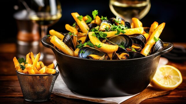 Delicious moules frites with french fries and white wine being served in a restaurant