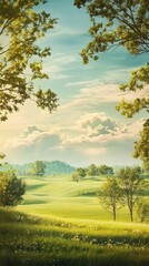 Serene Countryside View with Rolling Hills and Scattered Trees