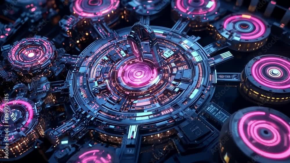 Aufkleber Quantum computing core processing data, surrounded by intricate network of circuits and components, glowing with vibrant purple and blue lights, illustrating advanced technology and complex systems