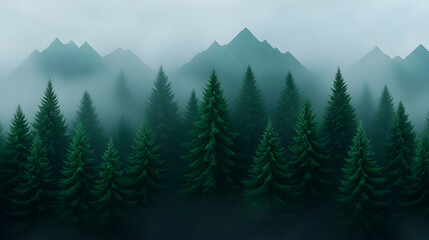 Misty Mountain Forest Landscape with Green Pine Trees
