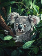 Obraz premium Young Koala Climbing Tree Branch