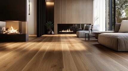 Fototapeta premium Modern living room with oak hardwood floor and fireplace. Interior design. Use Stock photo
