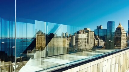 A glass skyscraper reflecting the surrounding cityscape under a clear blue sky.