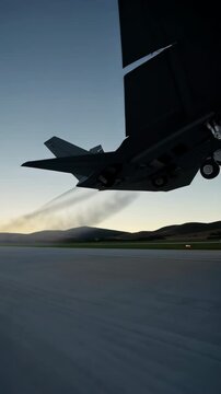 Modern fighter jet taking off at dawn from airfield