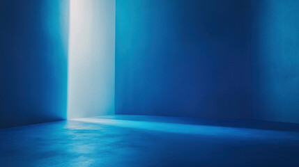 A blue room with light streaming through a doorway