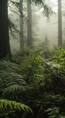 Foggy Morning in a Soft Forest with Dew-Covered Ferns