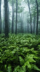 Fototapeta premium Soft Morning Fog in Misty Forest with Dew-Kissed Ferns