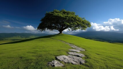 Obraz premium A lone tree atop a grassy hill, with a stone path winding upward