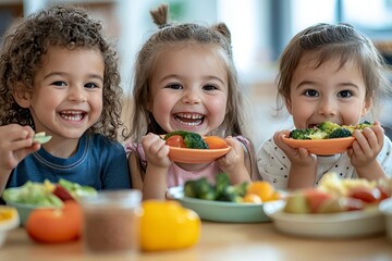 Group of children eating healthy food in day care centre
