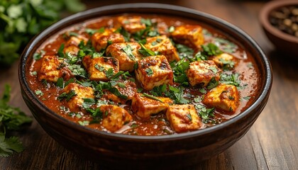 A bowl of Indian-style creamy curry with grilled paneer cubes, orange-red curry sauce, garnished with cilantro leaves, served in a black ceramic bowl