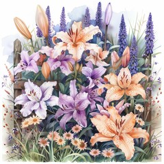 Vibrant Floral Arrangement of Lilies and Lupines in Garden Setting