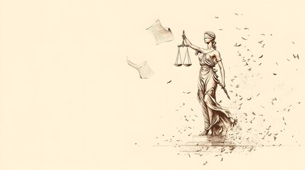 Lady Justice Statue with Scales of Justice and Flying Papers Conceptual Art