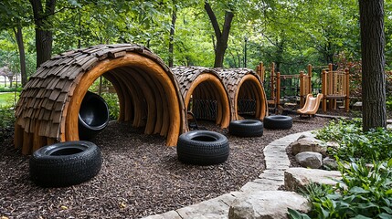 Eco-Friendly Playground Made from Recycled Tires with Natural Elements and Play Structures
