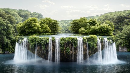 Obraz premium Serene Floating Island Waterfall Lush Green Nature Paradise art eco calm view pure eden