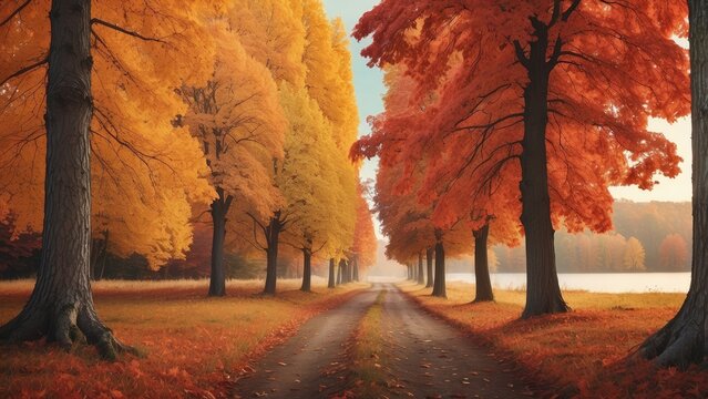 A vibrant red tree stands alone by a dark asphalt road, - Powered by Adobe