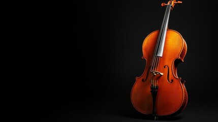 Elegant wooden cello displayed against black background with dramatic lighting.