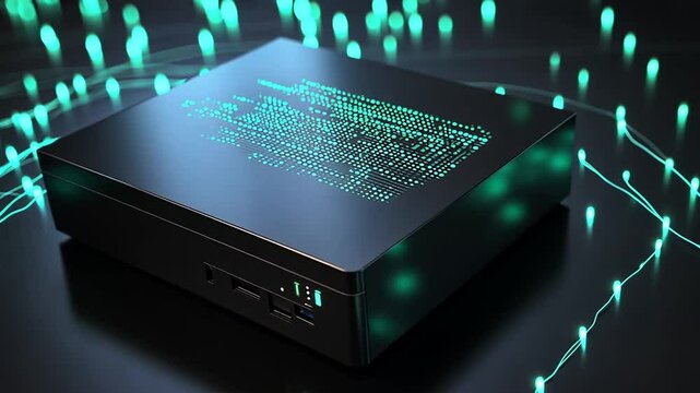 Futuristic Tech Device:  Digital Code Embedded in Sleek Black Mini PC