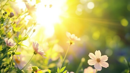 Obraz premium Flowers blooming in a field illuminated by bright sunlight