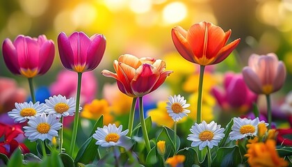Fototapeta premium A field of blooming tulips in red, pink, orange, purple, and blue colors, blurred green meadow in the background, sunlight casting a warm glow from behind
