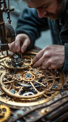 A watchmaker meticulously repairs a complex clock mechanism with precision