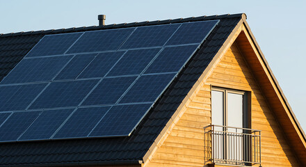 Fototapeta premium Close-up of new suburban house with a photovoltaic system on the roof. Modern eco friendly passive house with solar panels on the gable roof, with sunlight in the morning vibes, Generative ai
