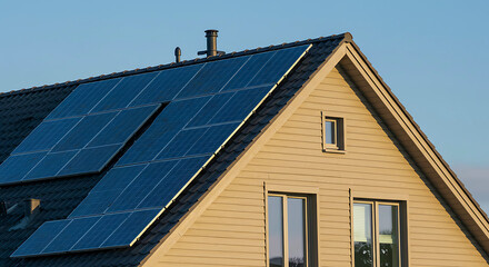 Fototapeta premium Close-up of new suburban house with a photovoltaic system on the roof. Modern eco friendly passive house with solar panels on the gable roof, with sunlight in the morning vibes, Generative ai