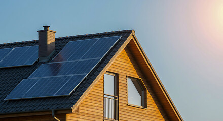 Fototapeta premium Close-up of new suburban house with a photovoltaic system on the roof. Modern eco friendly passive house with solar panels on the gable roof, with sunlight in the morning vibes, Generative ai