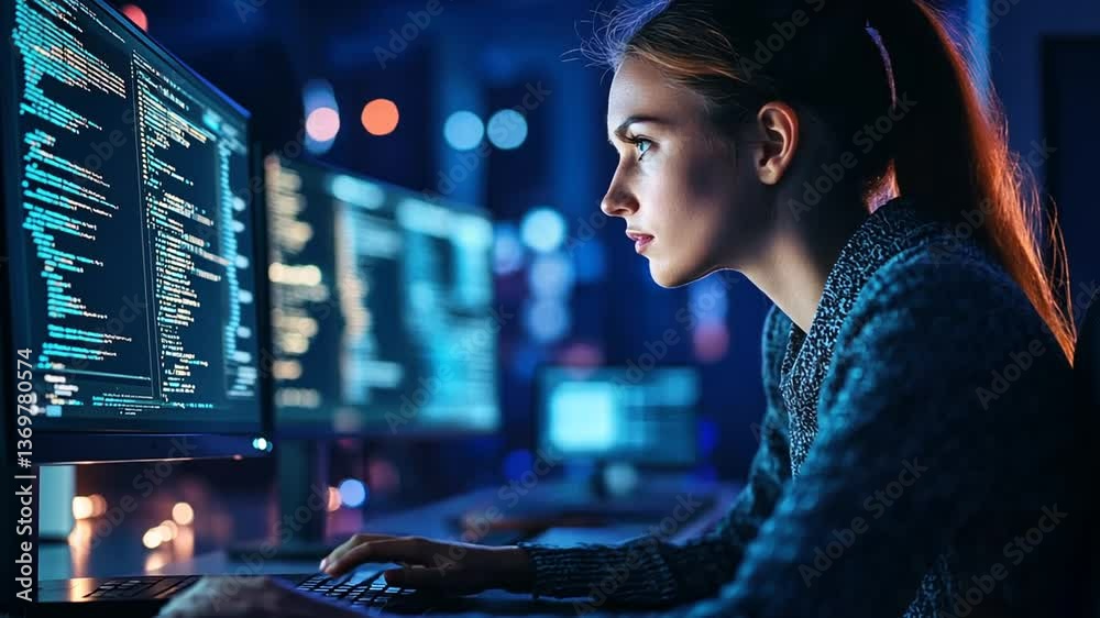 Poster focused coder: woman concentrating on computer programming at night