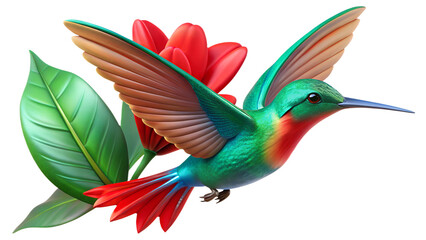 Fototapeta premium Colorful hummingbird flying near a flower in tropical nature illustration