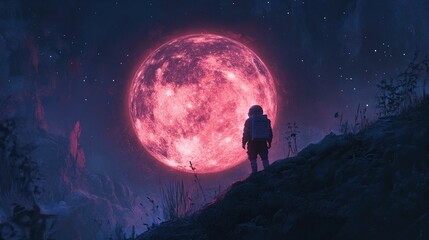 Astronaut observes large, red celestial body.