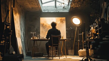 Artist painting in dimly lit studio, skylight above.