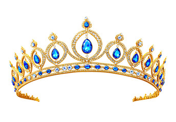 An elegant royal gold tiara with blue gemstones golden tiara, embedded with shimmering gemstones, elegant curves, and a regal aesthetic, isolated on a transparent background