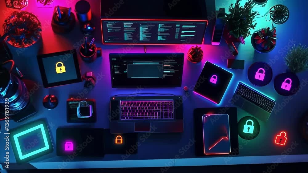 Poster desk covered with laptops, tablets, and screens displaying security padlocks and programming code, i