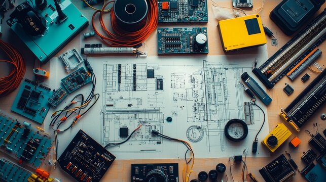 Detailed overview of electronics components and schematics arranged on a worktable in a workshop setting